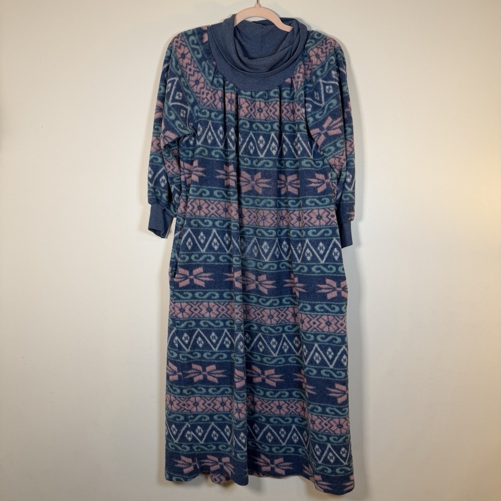 Vintage Adonna Fleece Cowl Neck Maxi Lounger House Dress Pockets 80s 90s L XL